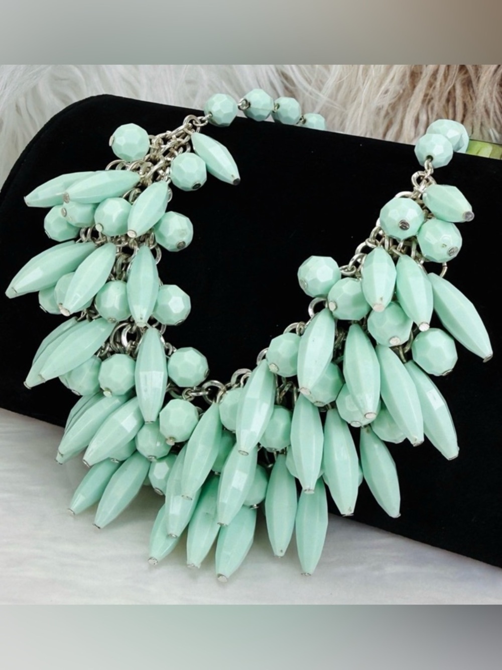 Beautiful Silvertone Mint Green Beaded Bib statement Necklace